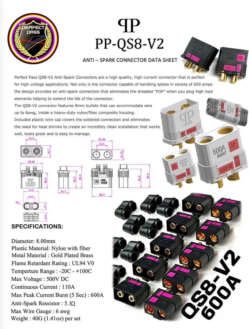 Perfect Pass QS8-V2 Anti-Spark Connector Set (5 Pack) Male & Female + Wire Covers (4pc x 5) / New and Improved Version of QS8-S Connector / 600A Burst/Gold Plated 8MM Bullets QS8-V2! - Image 5
